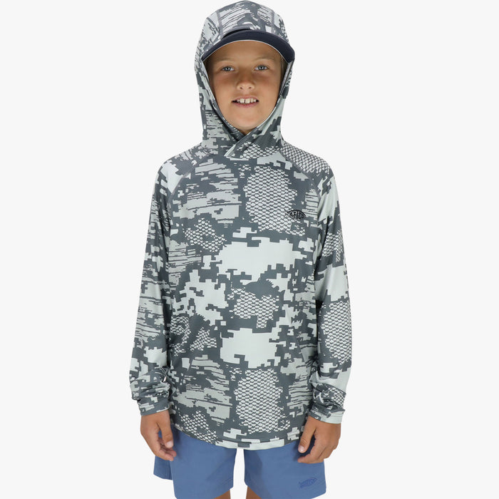 Aftco Youth Tactical Camo Hooded LS Performance Shirt Light Gray Digital Camo