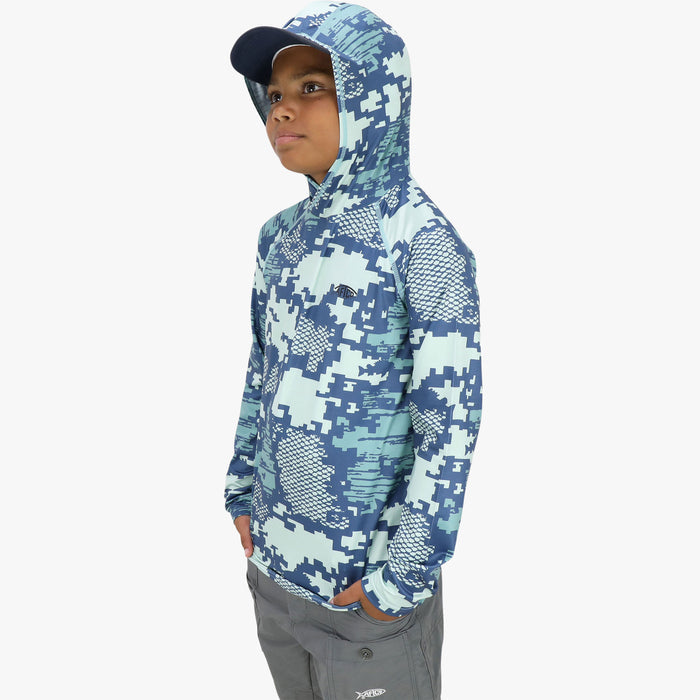 Aftco Youth Tactical Camo Hooded LS Performance Shirt Teal Digital Camo