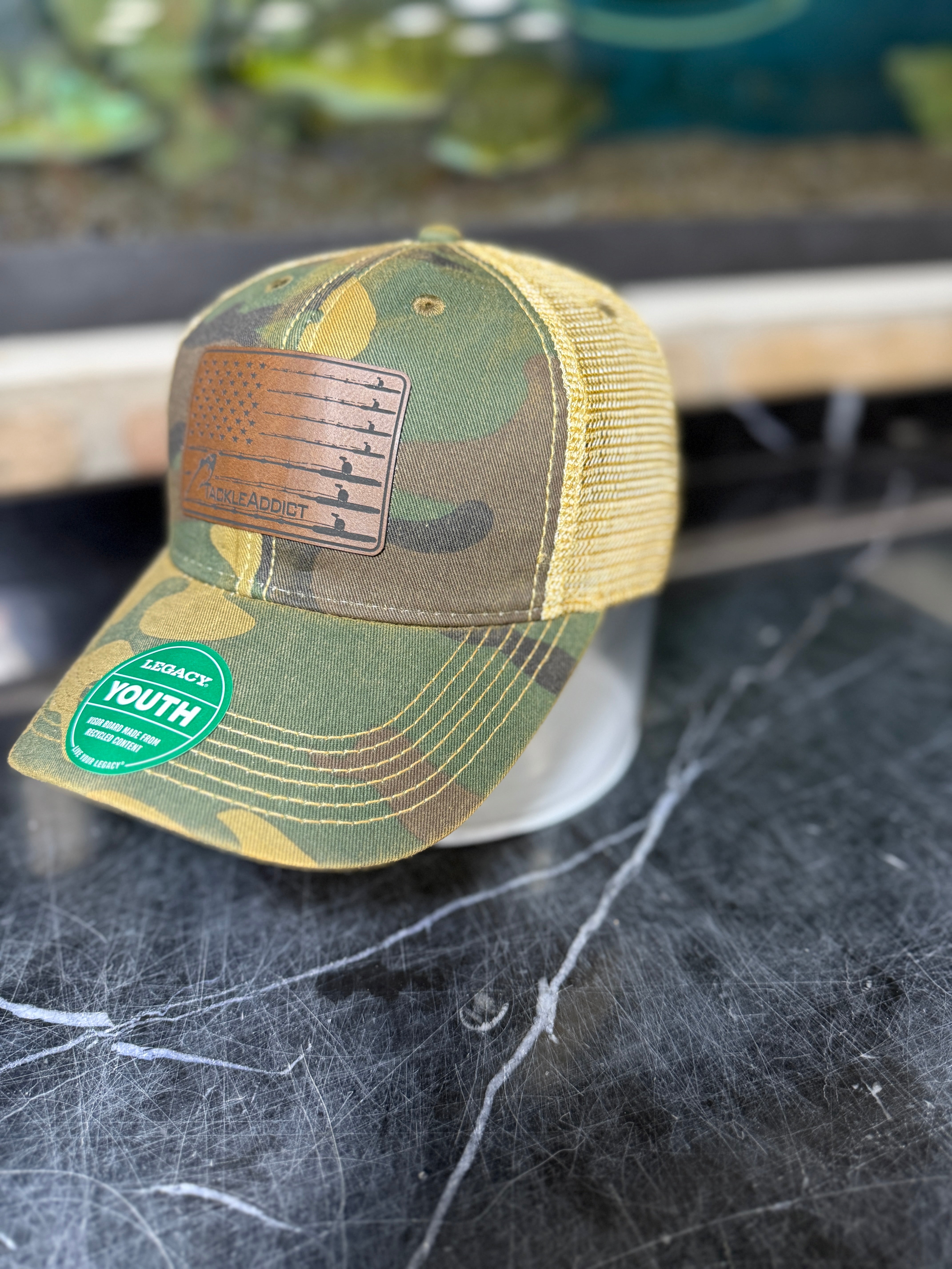 Tackle Addict Leather Patch Hats Youth Camo Hat